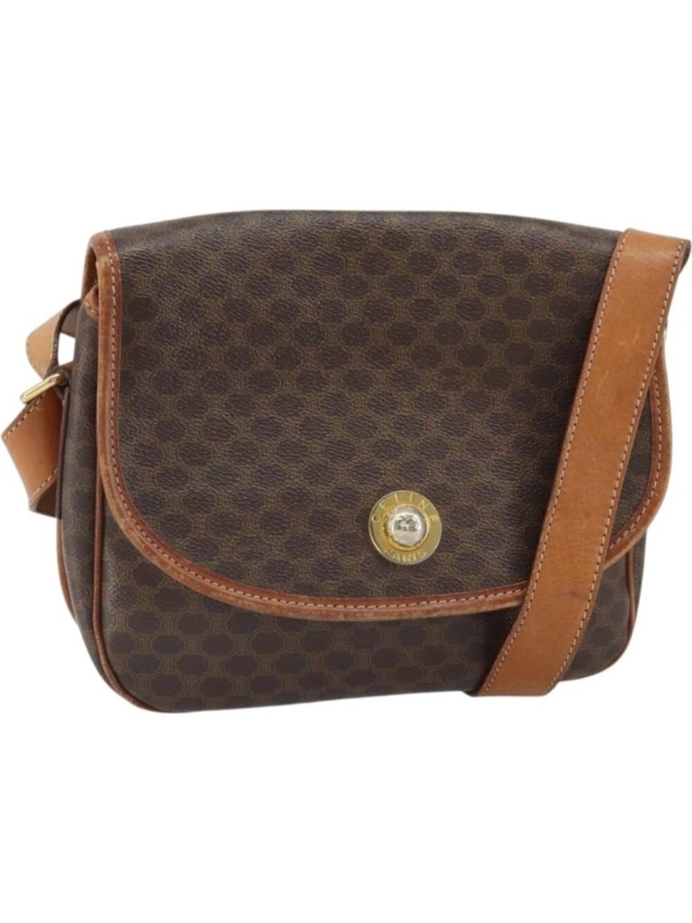 CELINE Macadam Canvas Shoulder Bag PVC Leather Brown Gold
